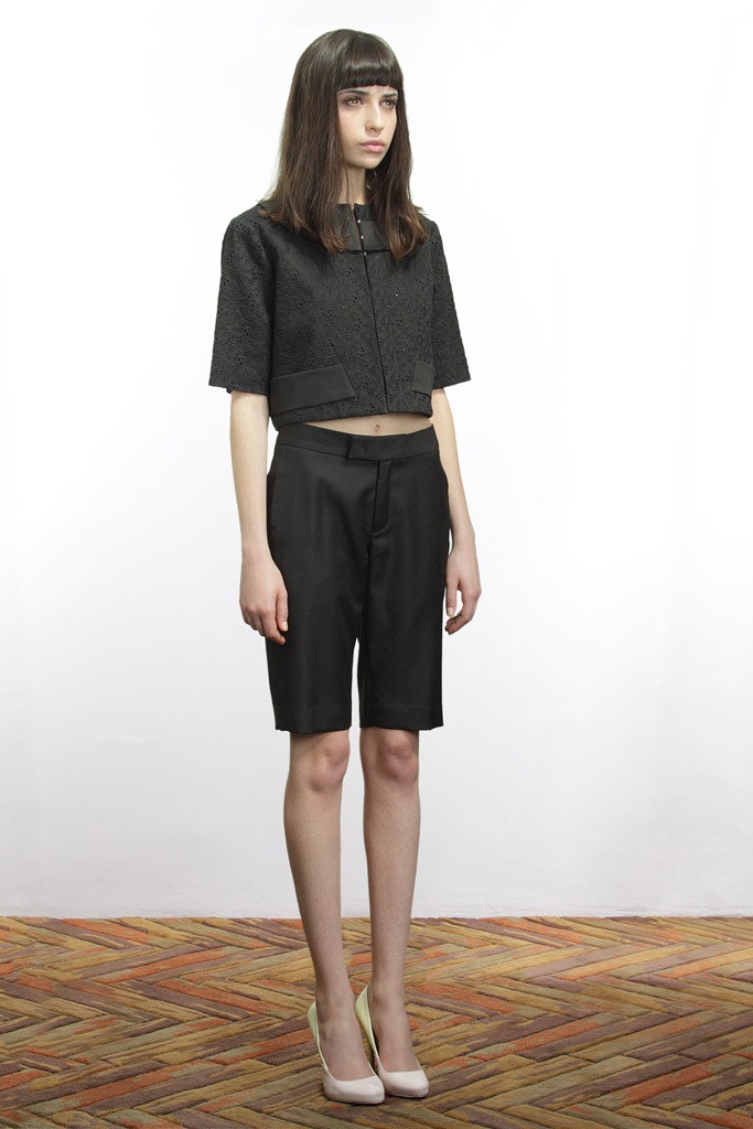 black cotton short-sleeve collared fitted embroidered cropped top