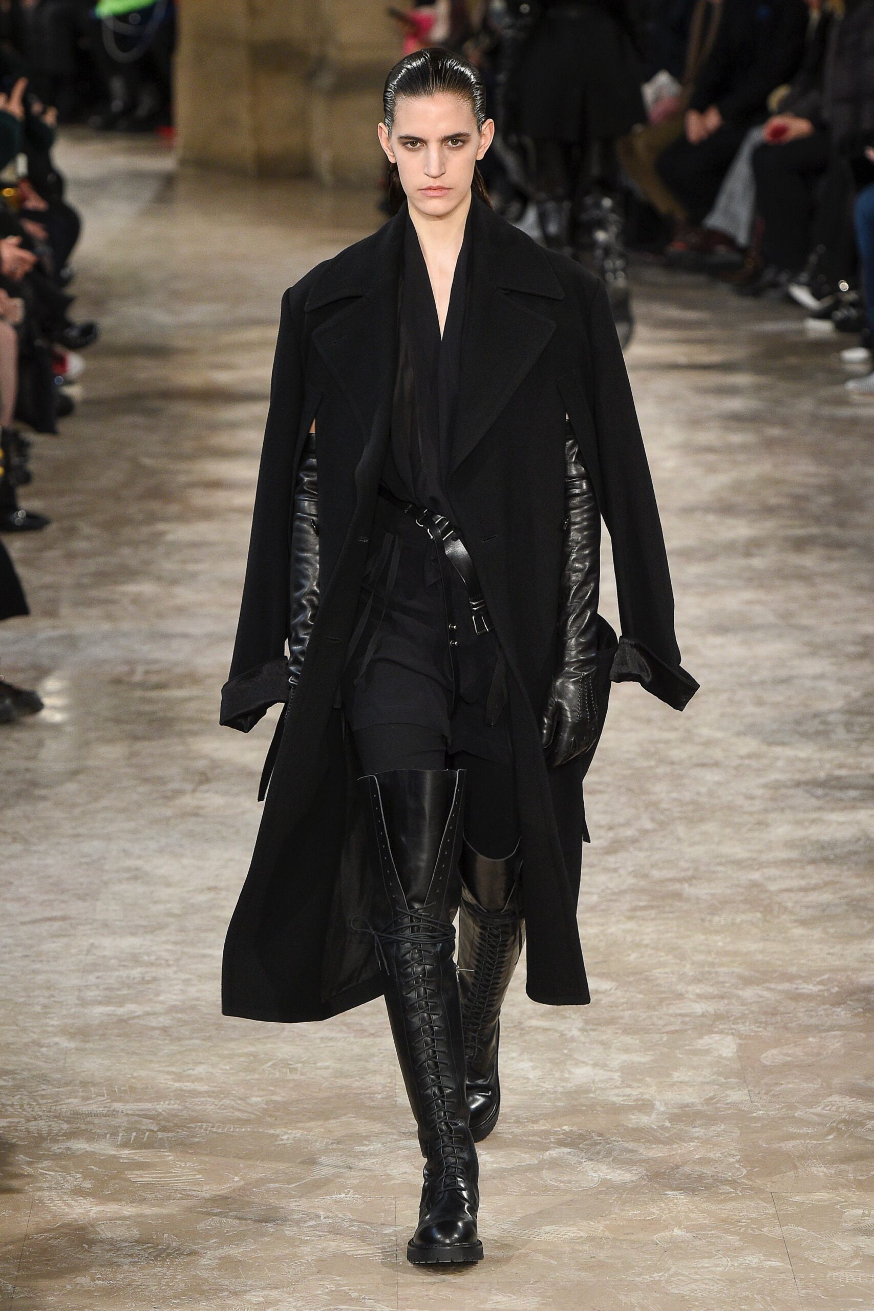 black wool coat with fitted pants