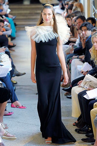 black silk fitted gown with ruffled tulle