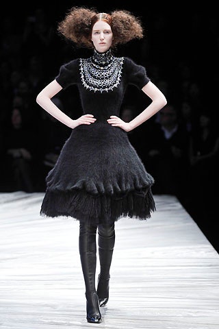 black wool short-sleeve high-neck fitted flared layered dress