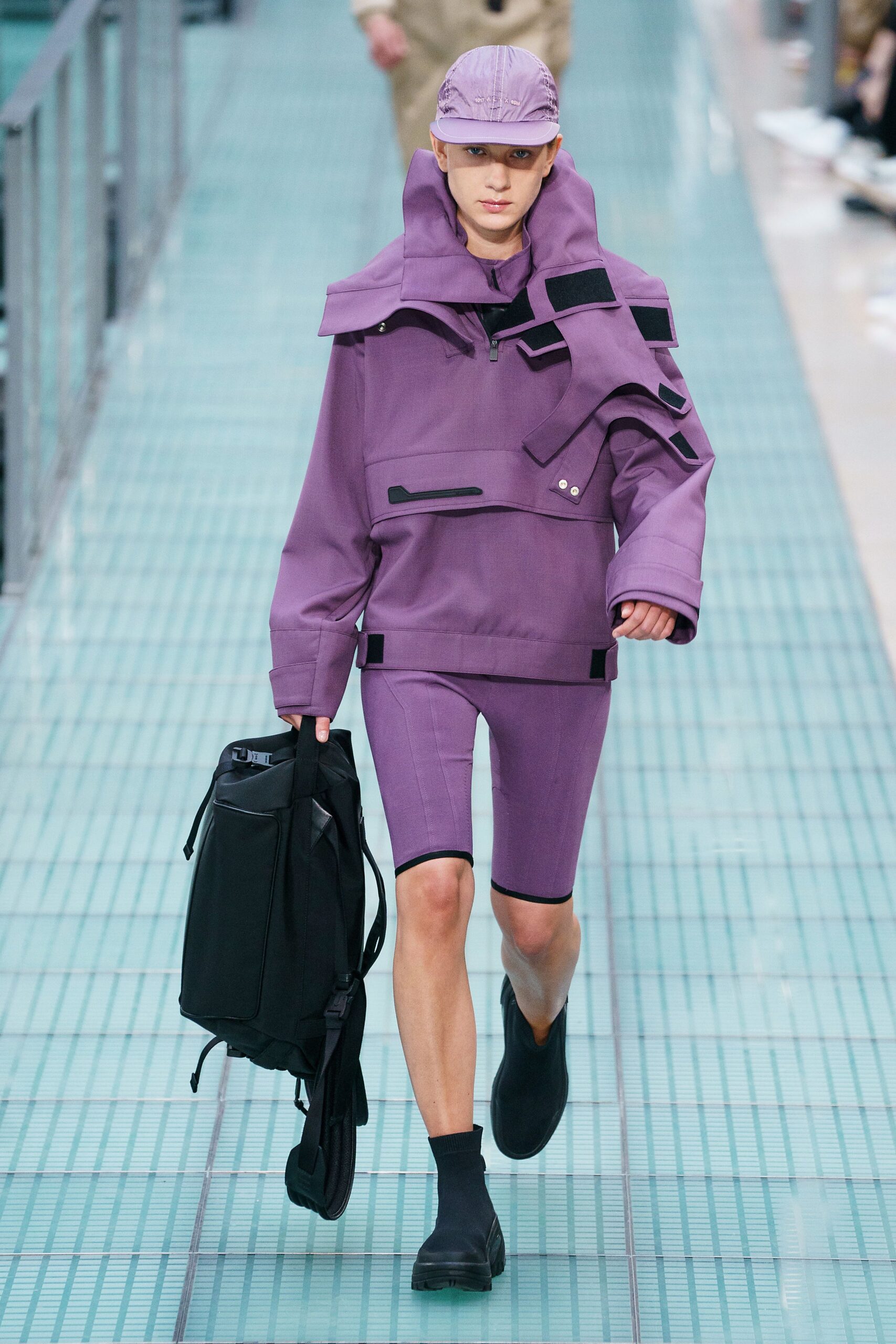 purple neoprene long-sleeve collared oversized zippered jacket