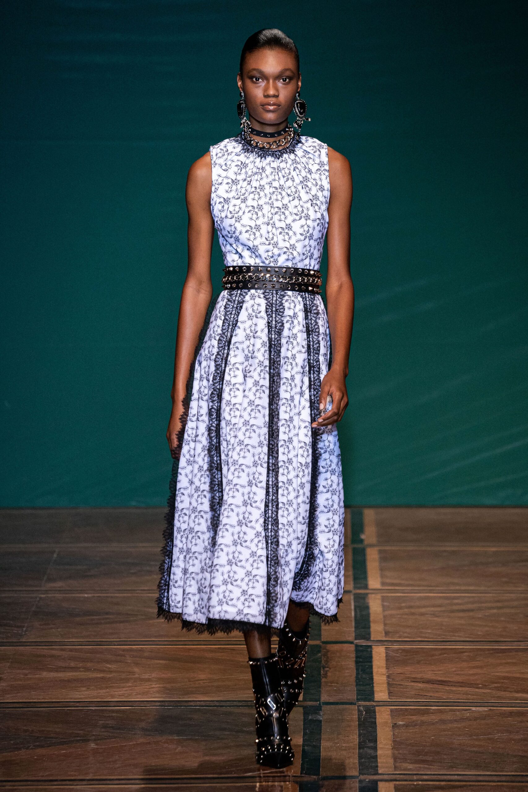 blue and white embroidered midi dress