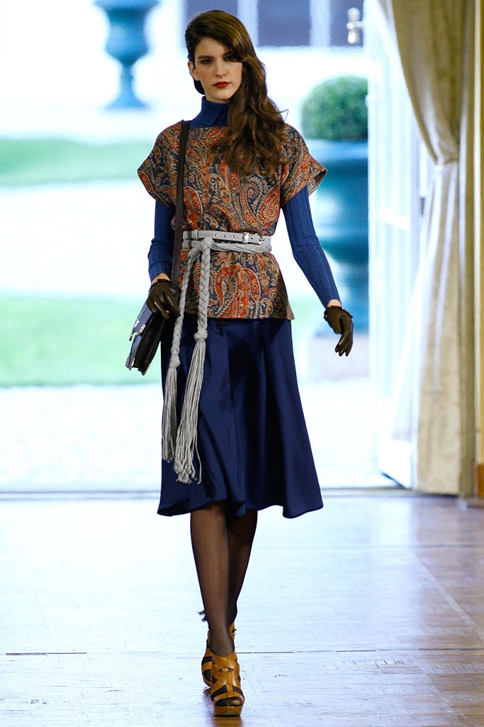blue printed top with navy skirt