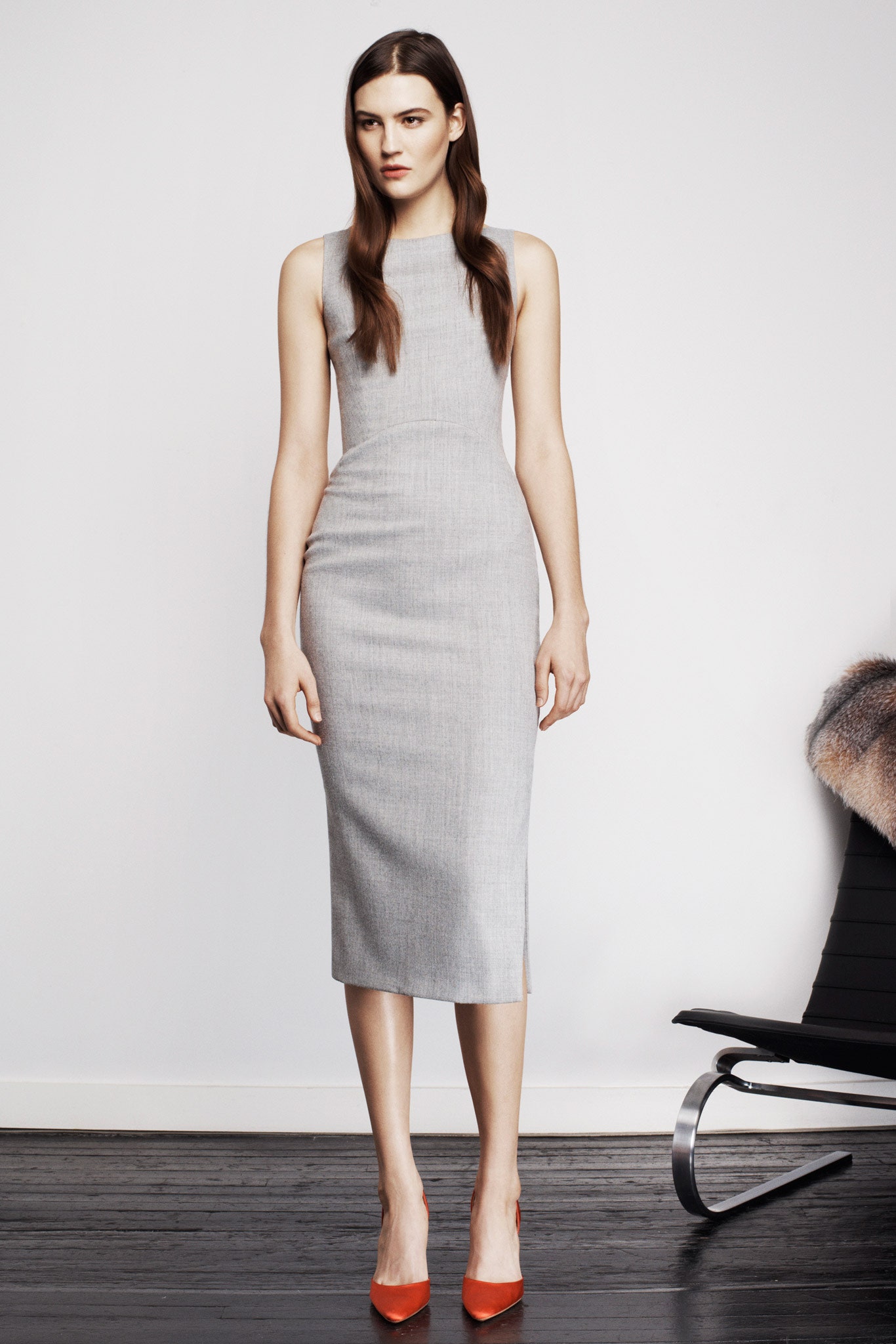 gray cotton sleeveless high-neck fitted pencil midi dress