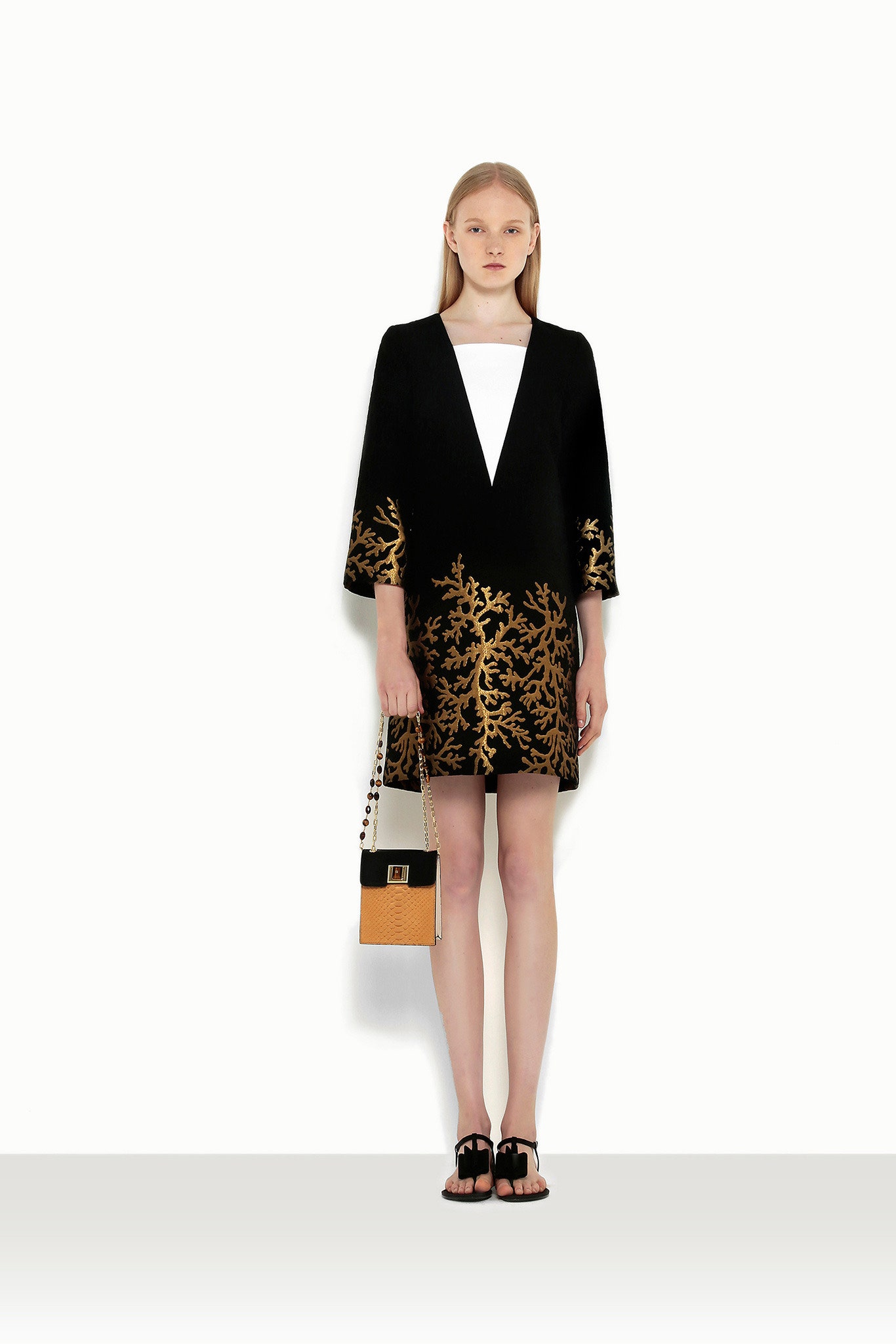 black embroidered mini dress with bag