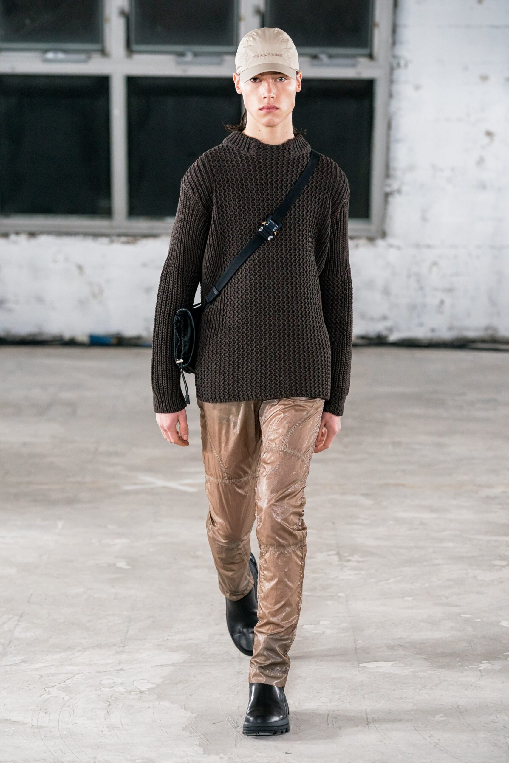 beige vinyl fitted straight-leg shiny pants
