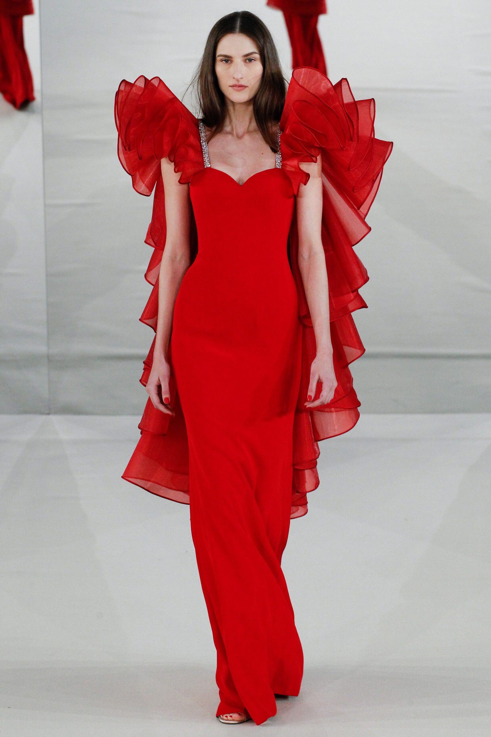 red silk ruffled gown