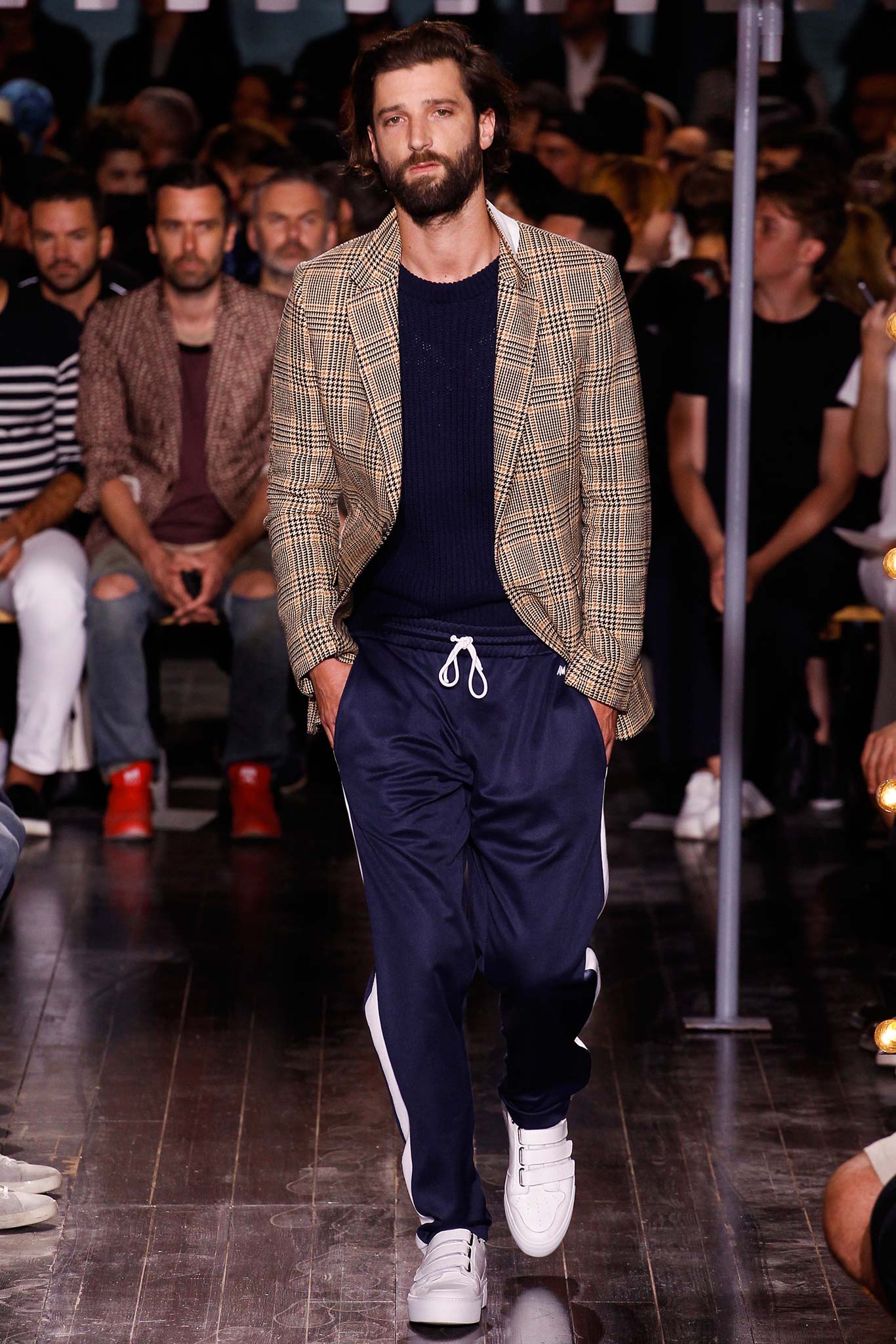 beige checked blazer with navy sweater