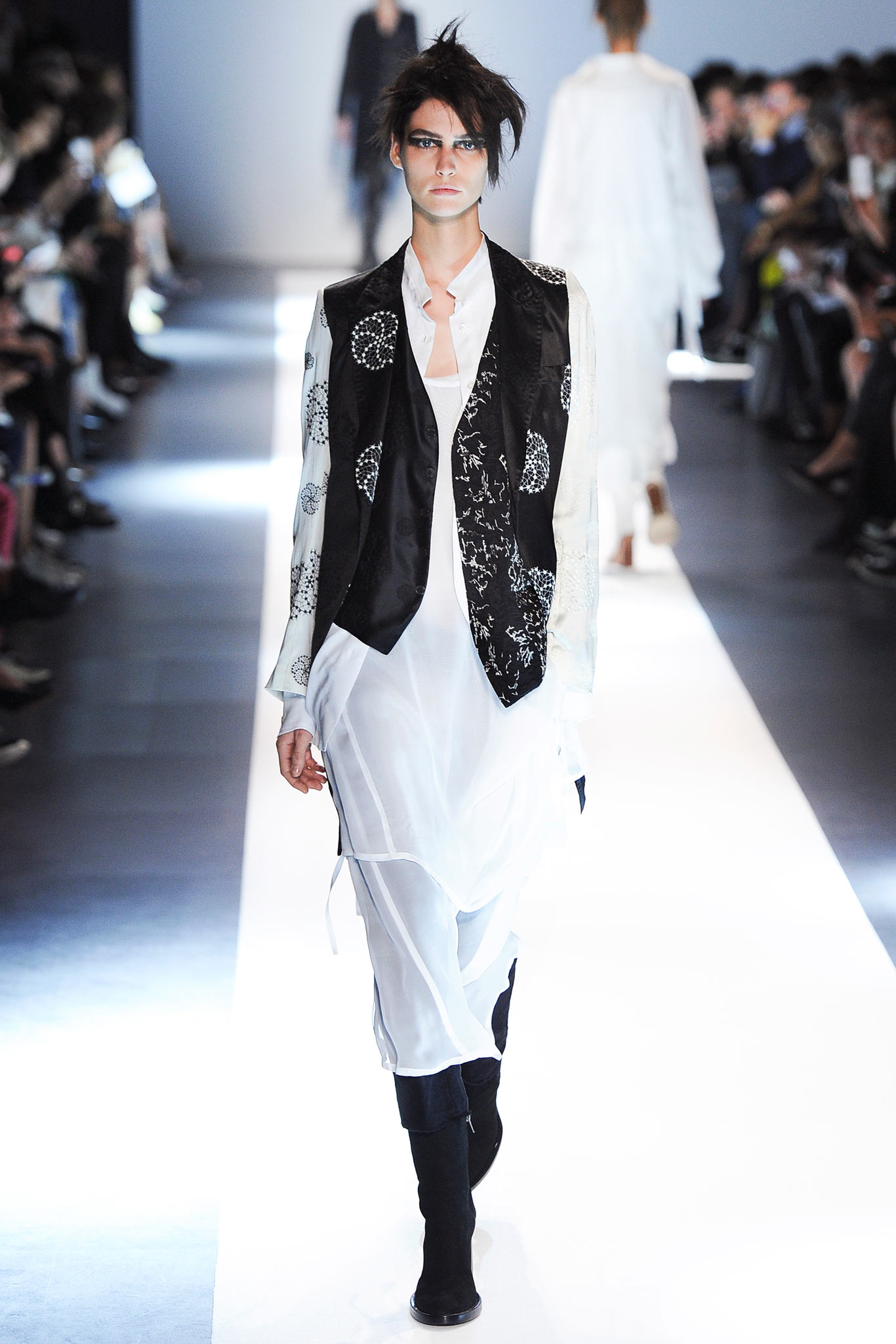 black silk vest and white chiffon dress
