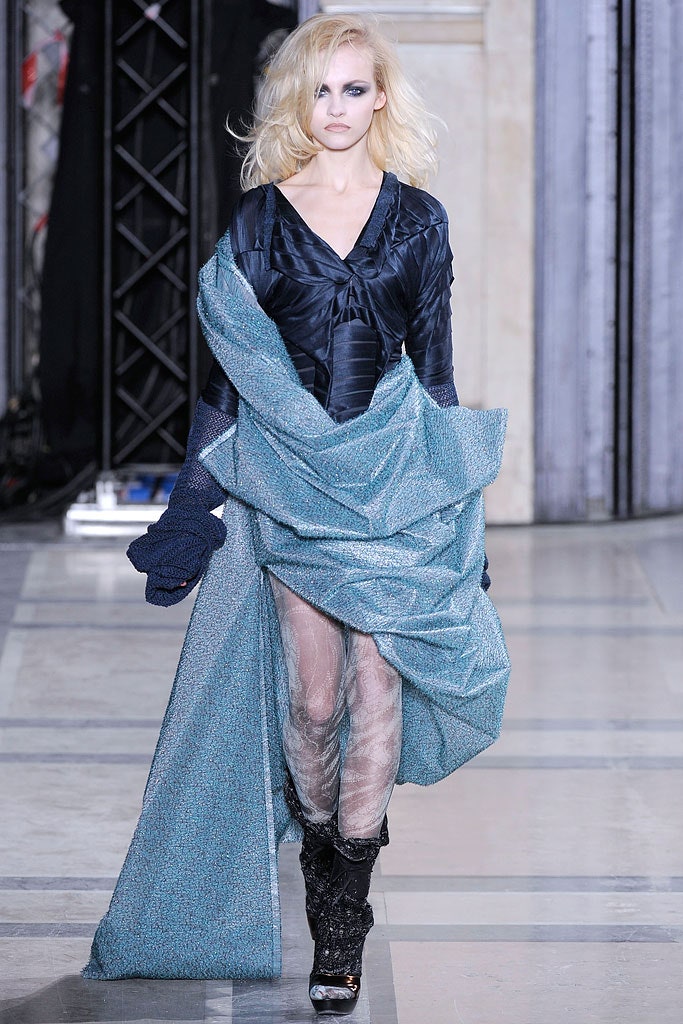 blue silk long-sleeve v-neck fitted draped flowing dress