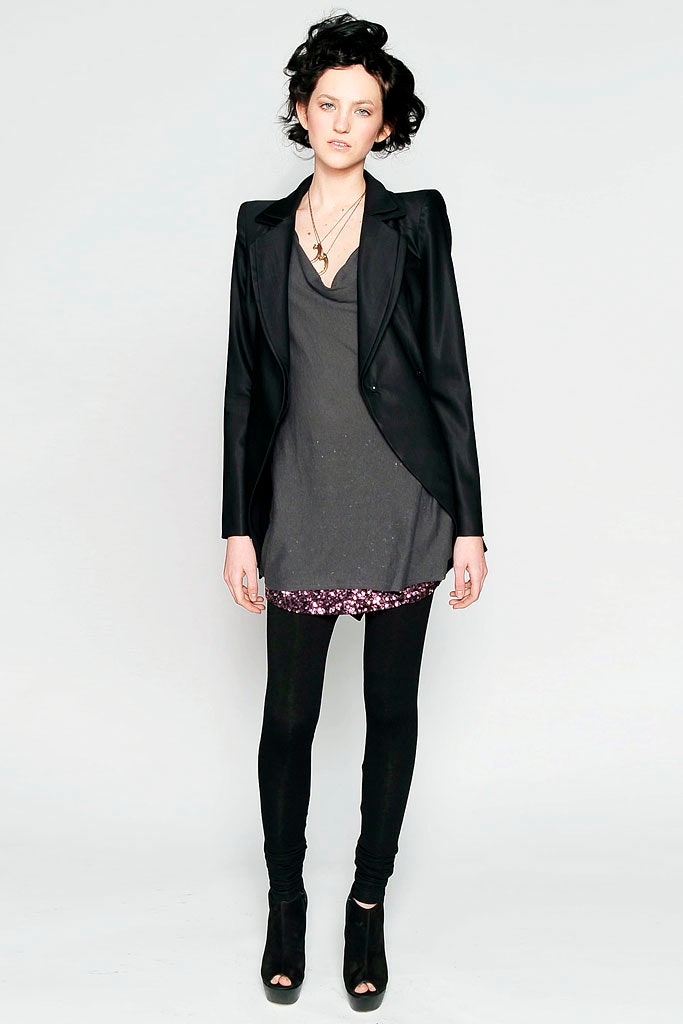 black blazer gray asymmetric dress
