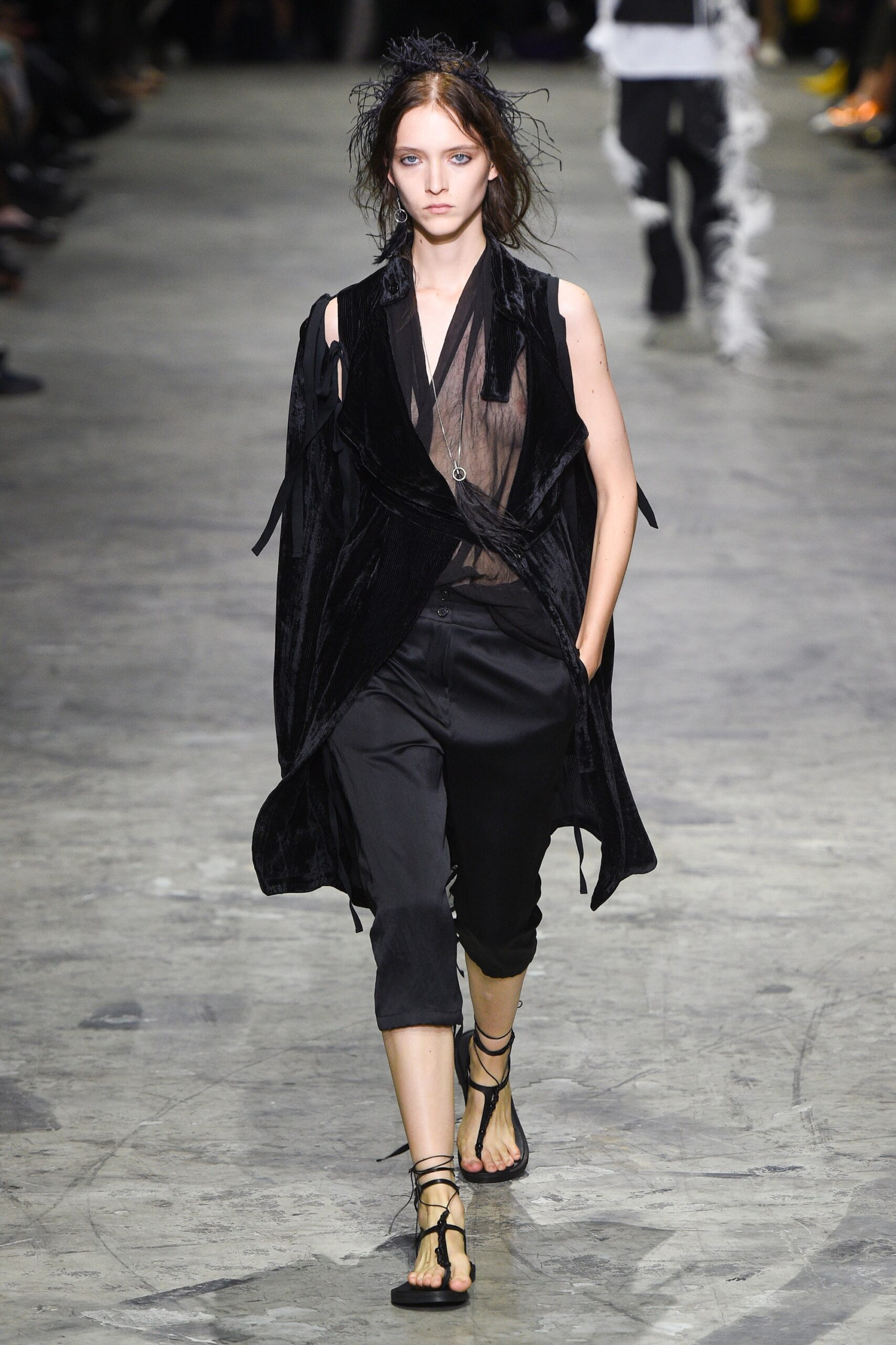 black velvet sleeveless jacket and cropped pants