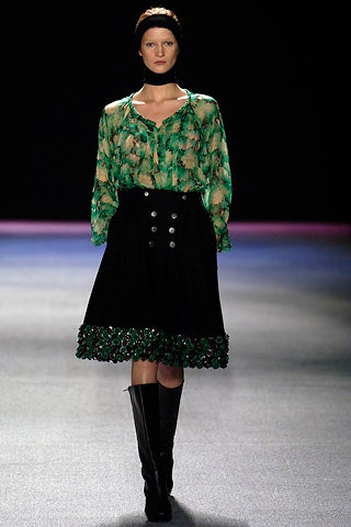 green floral blouse black skirt