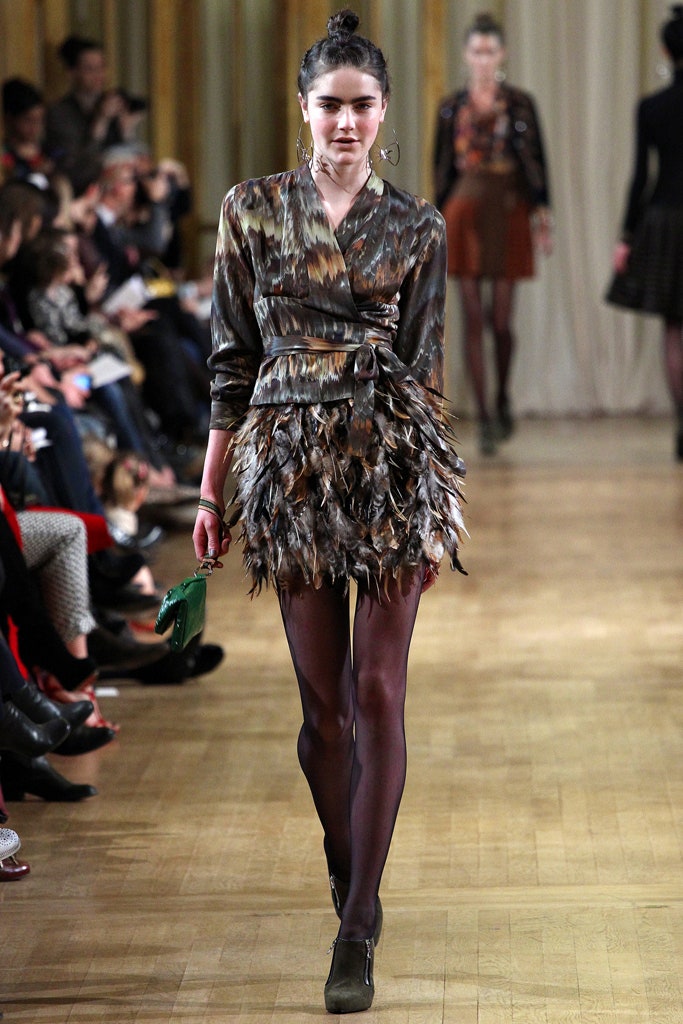 brown green feathered mini dress