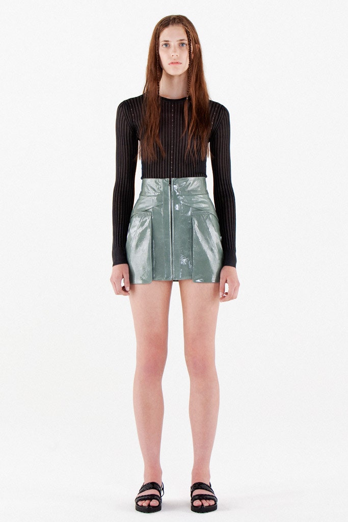 green vinyl fitted zippered pleated shiny mini skirt