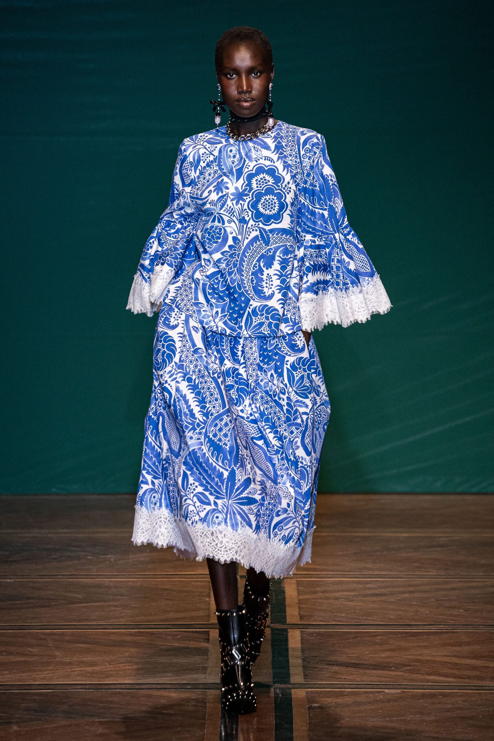blue and white printed midi dress