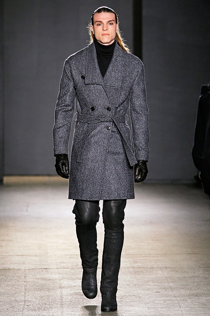 gray wool long-sleeve collared fitted belted coat