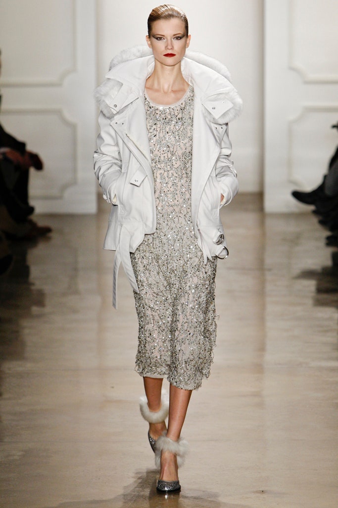 silver beaded midi dress with white coat