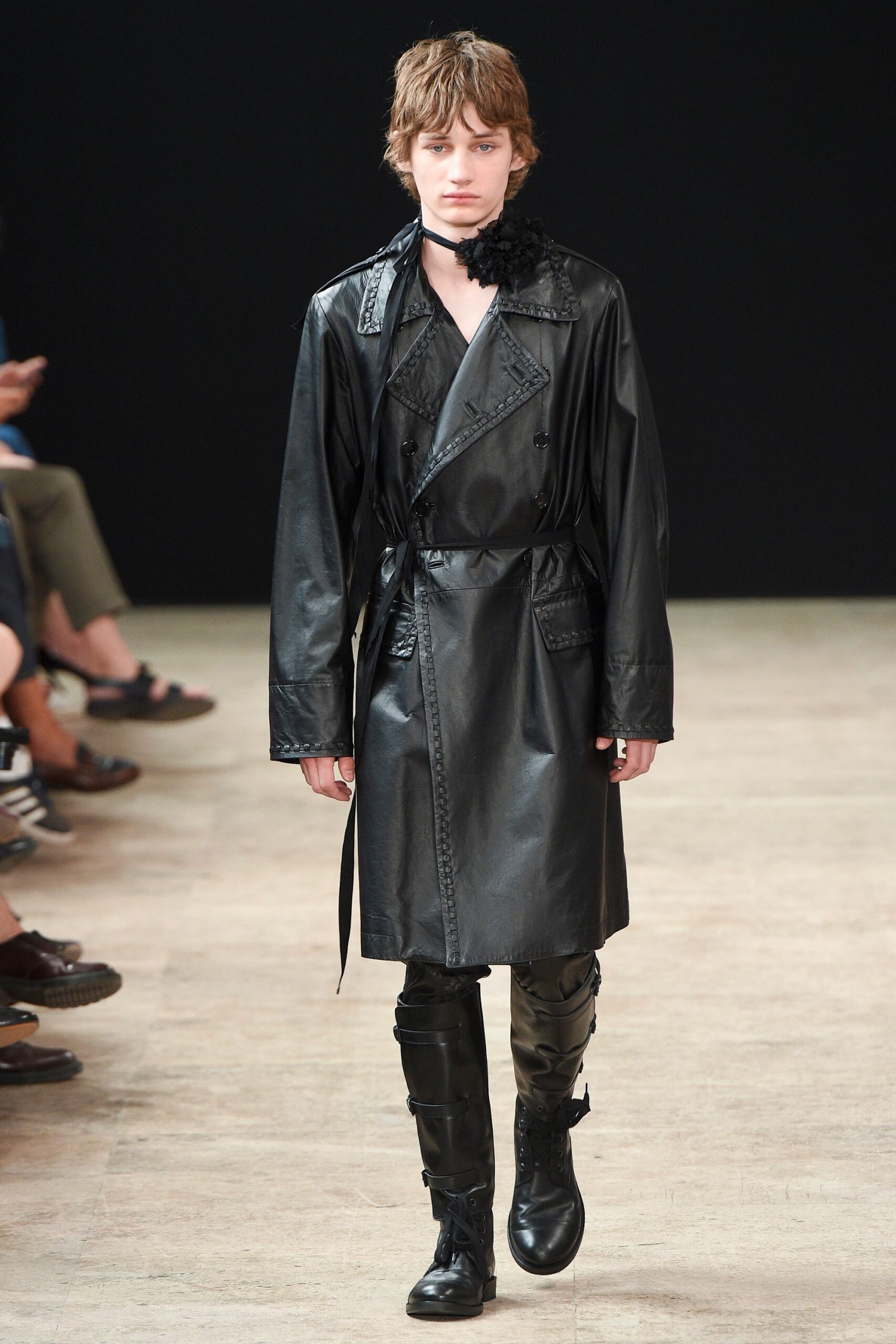 black leather trench coat and pants
