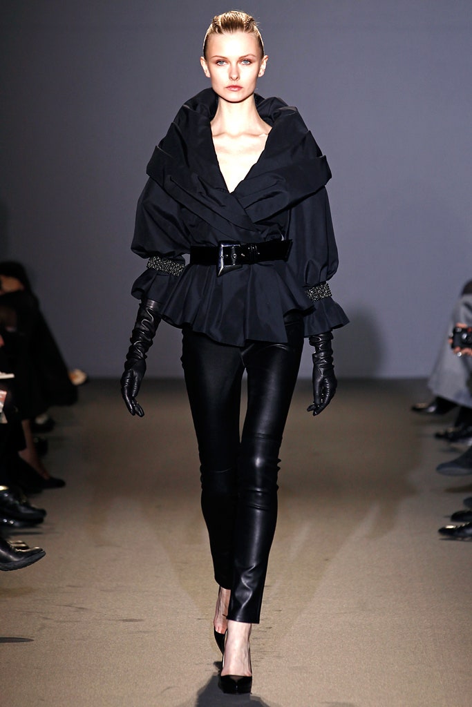 black fitted top with leather pants