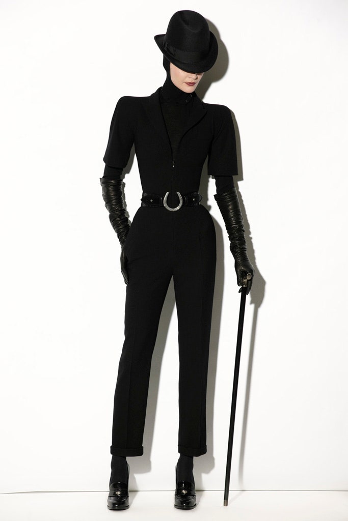 black cotton short-sleeve high-neck fitted tailored zippered jumpsuit