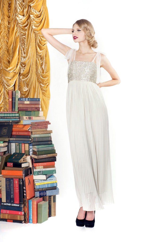 white silk pleated gown