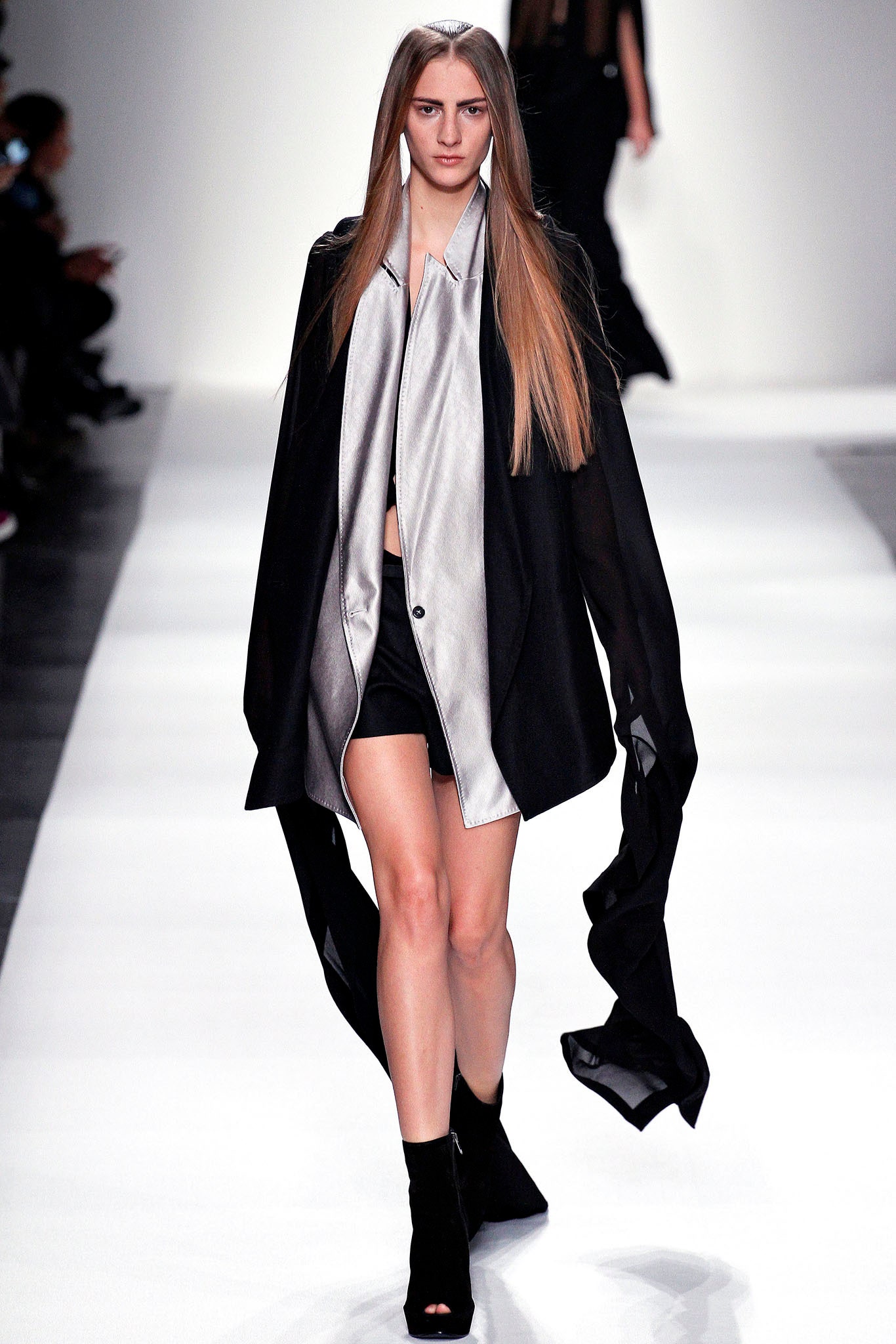 black silk long-sleeve collared relaxed draped flowing coat