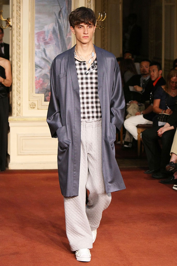 blue silk coat with checked shirt