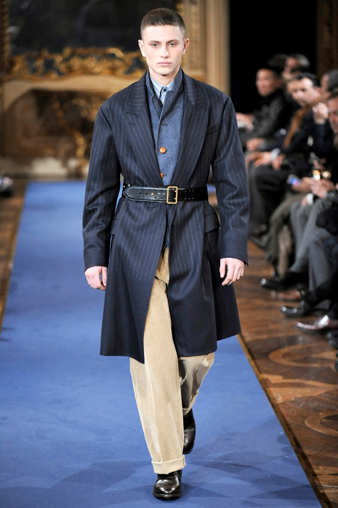navy wool tailored coat with beige pants