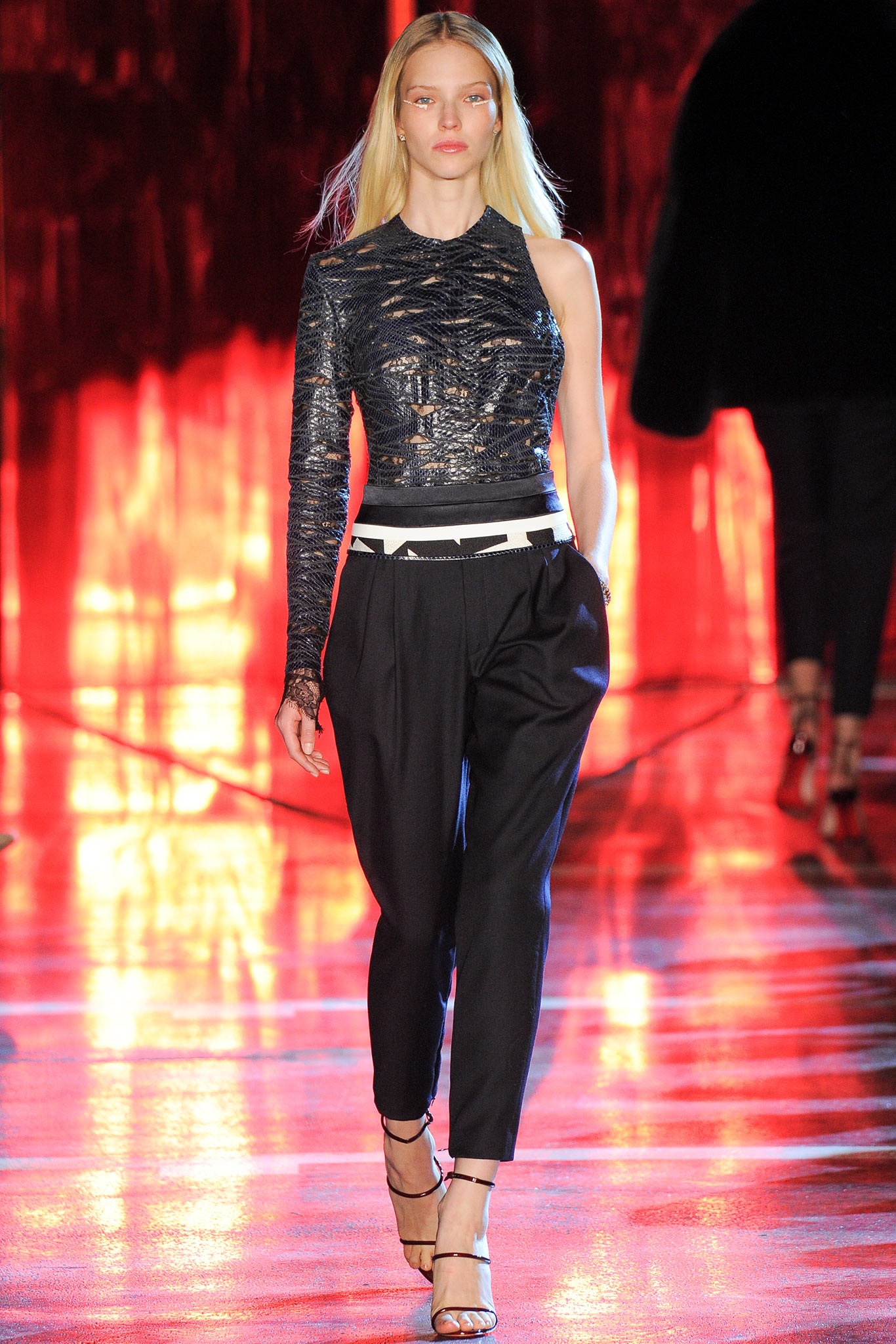 black metallic long-sleeve asymmetric fitted draped shiny top