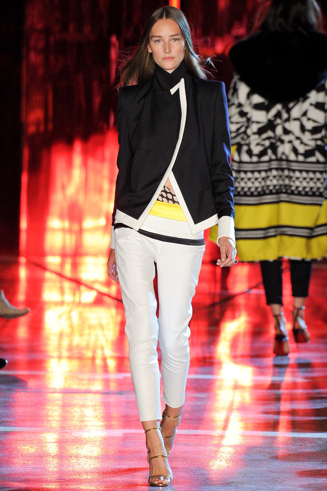 black and white fitted blazer with white pants