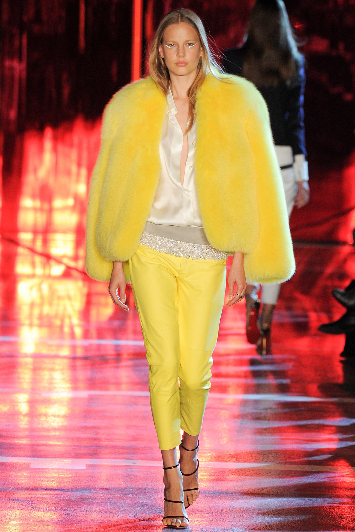 yellow fur coat with white blouse