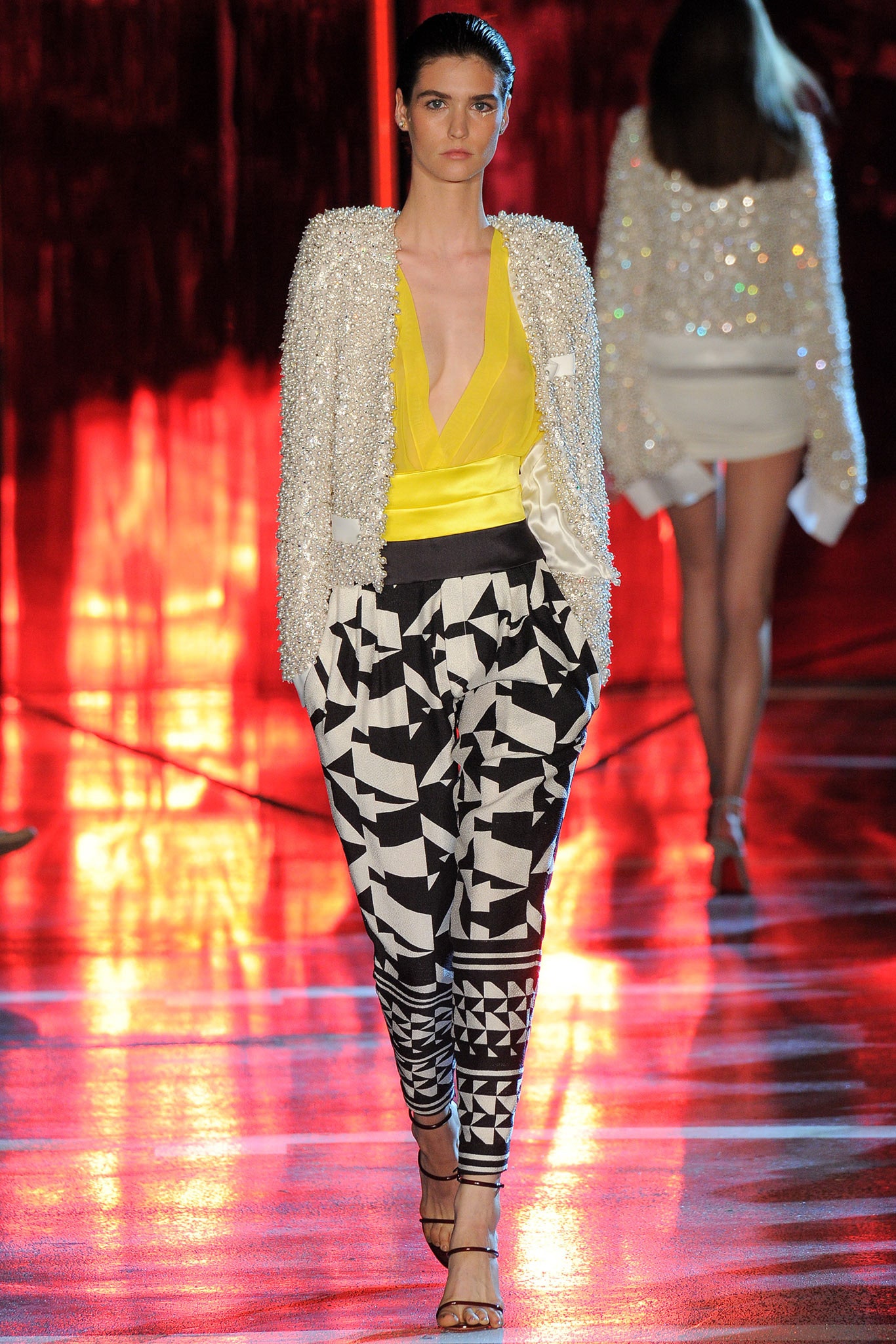 yellow silk blouse with printed pants