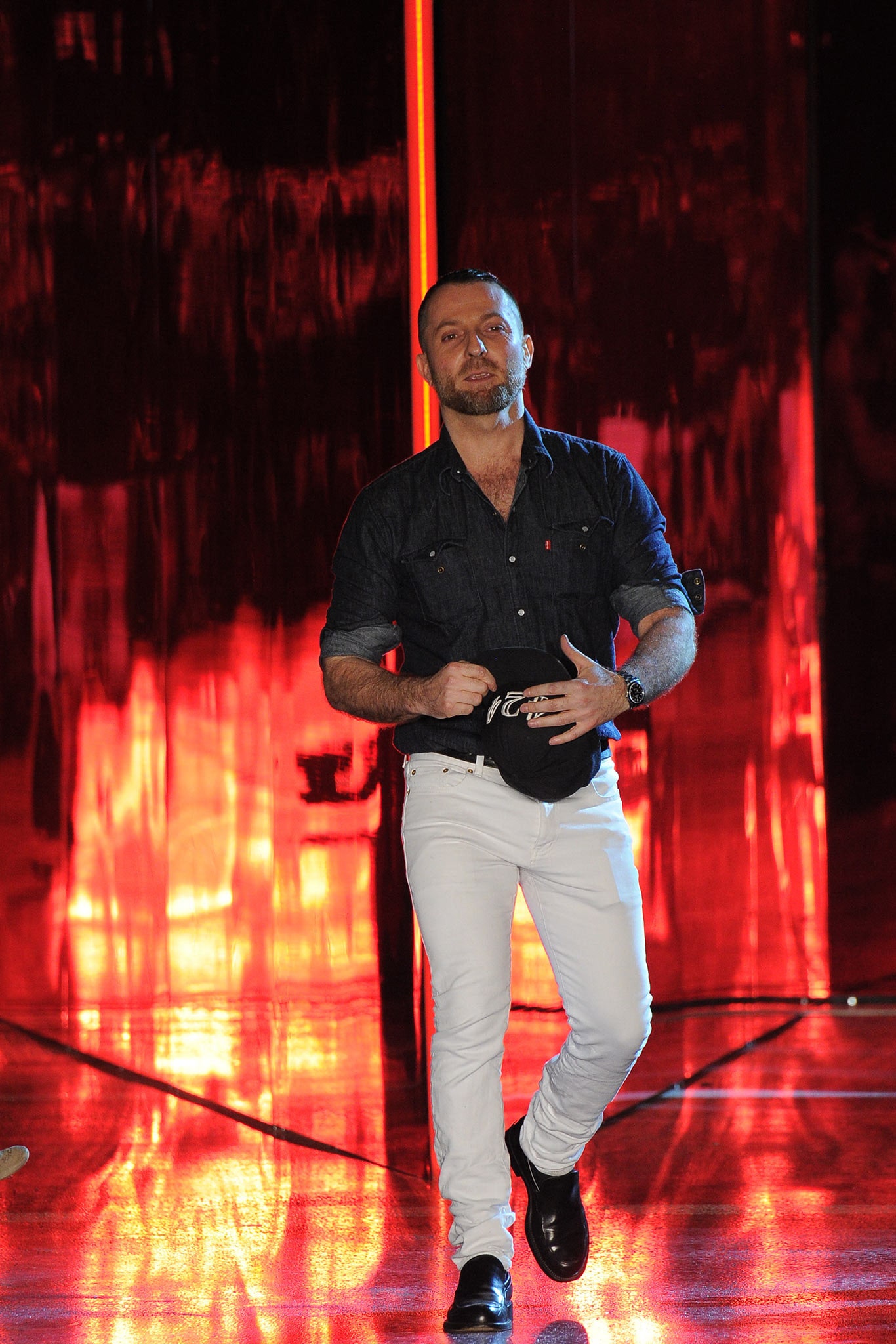 blue denim shirt white pants