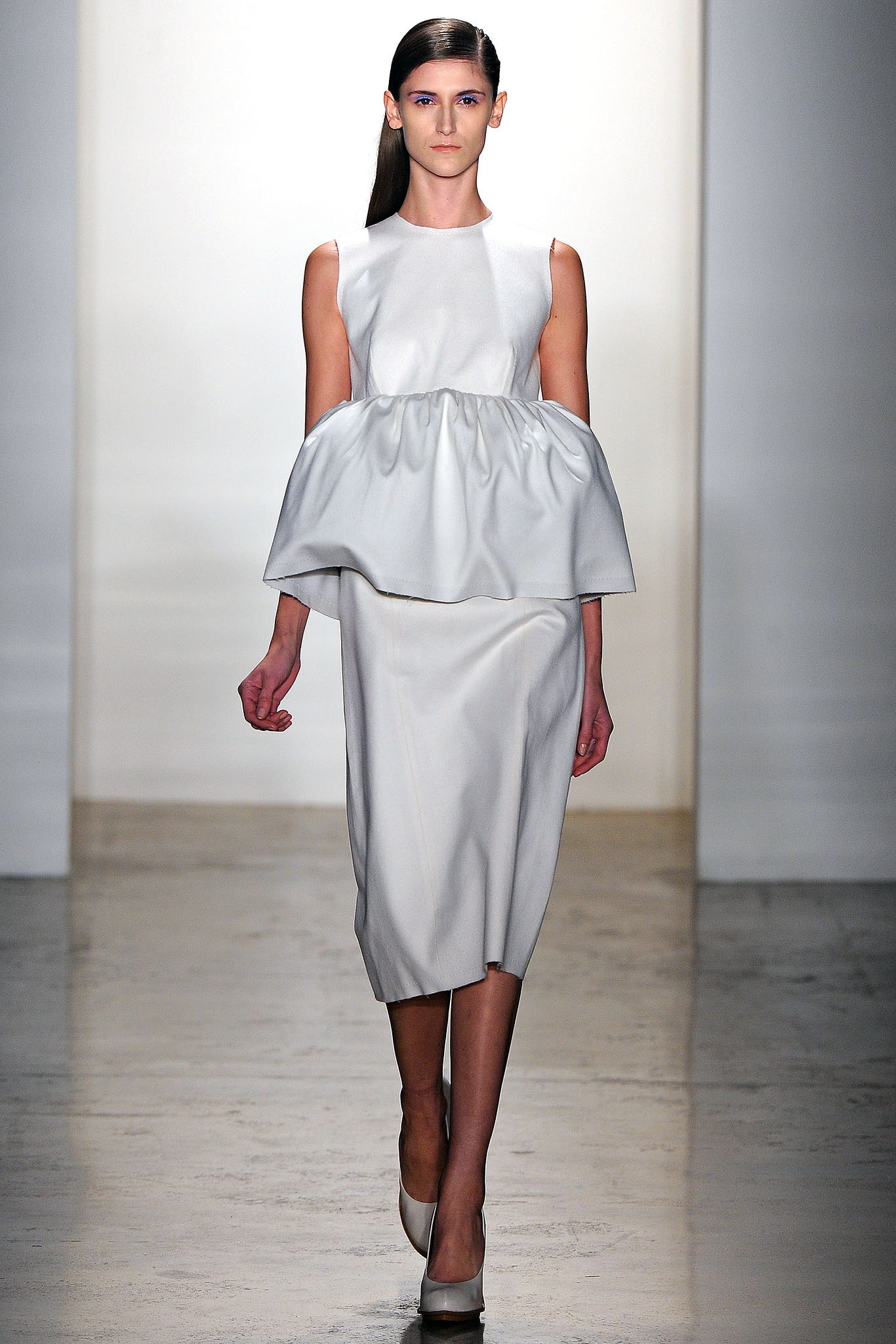 white silk sleeveless peplum dress