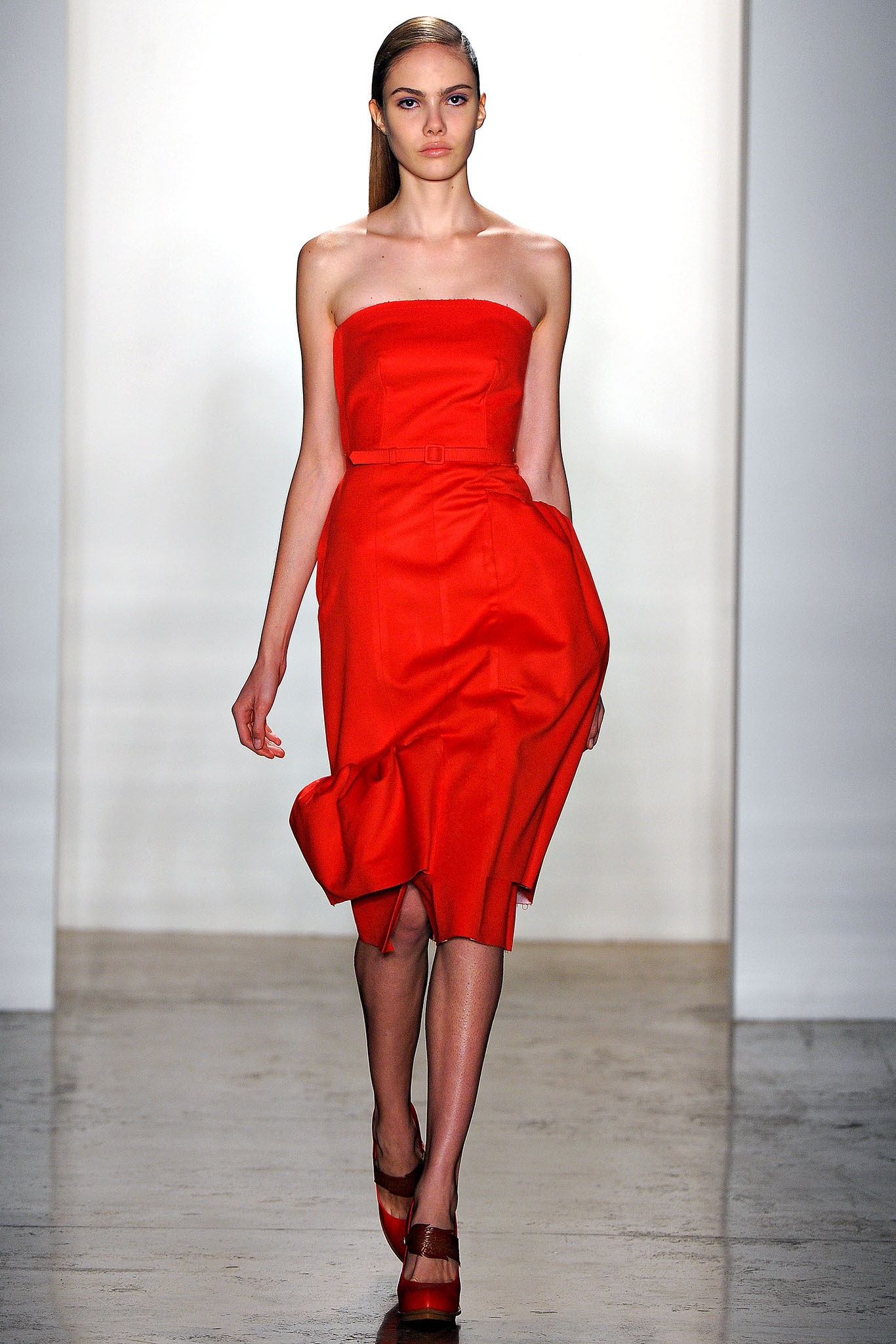 red fitted strapless midi dress