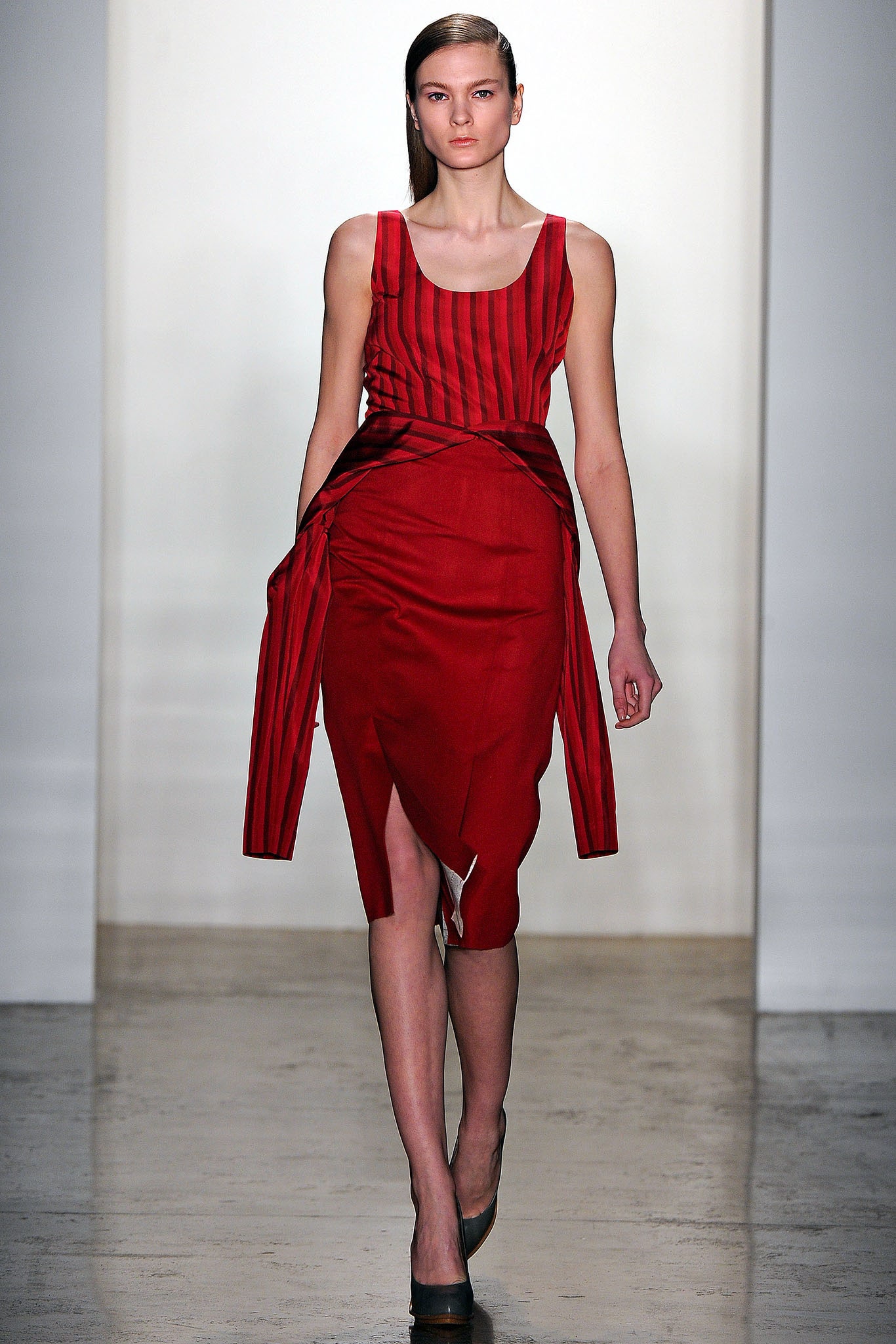 fitted red silk midi dress