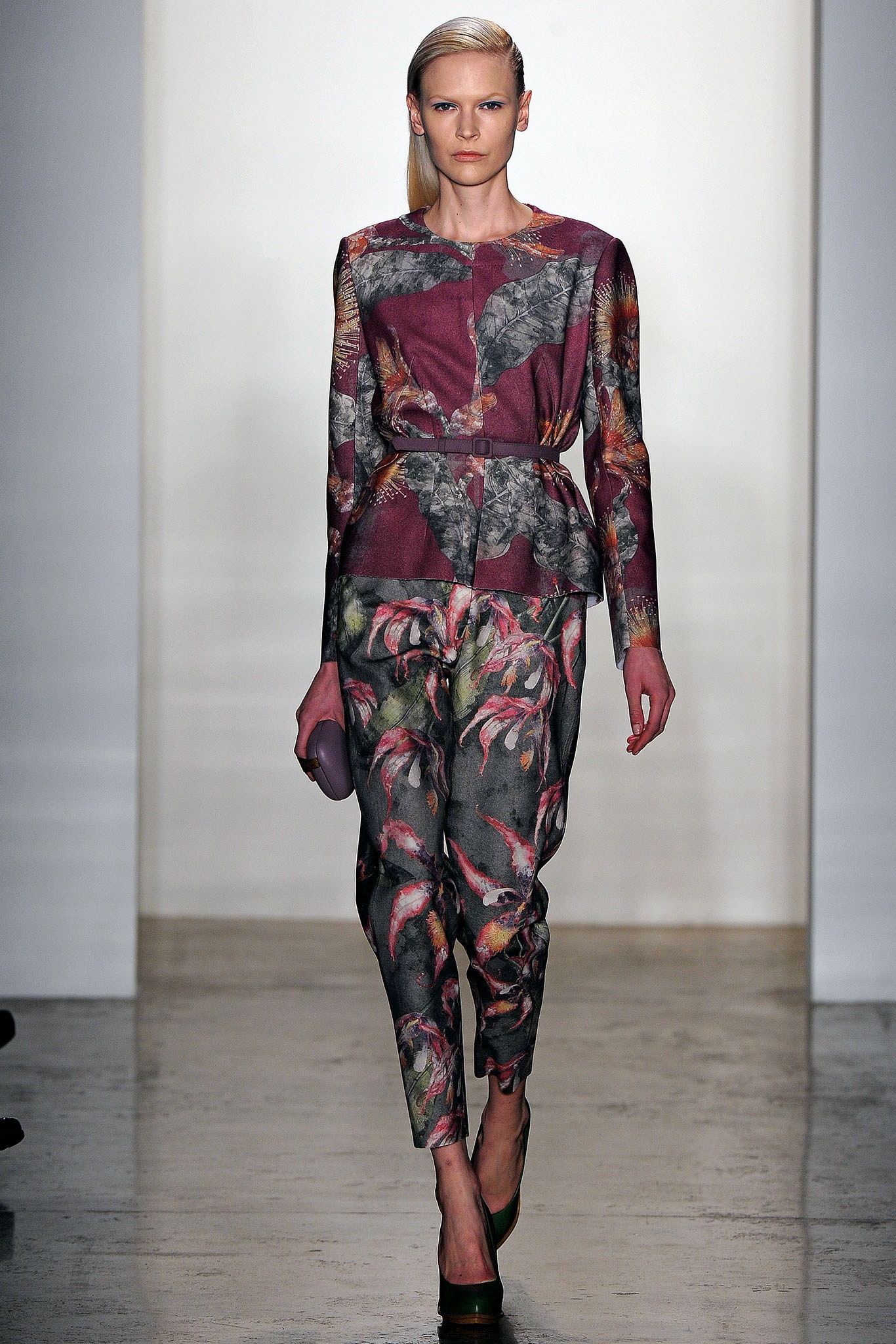 purple printed blazer and pants