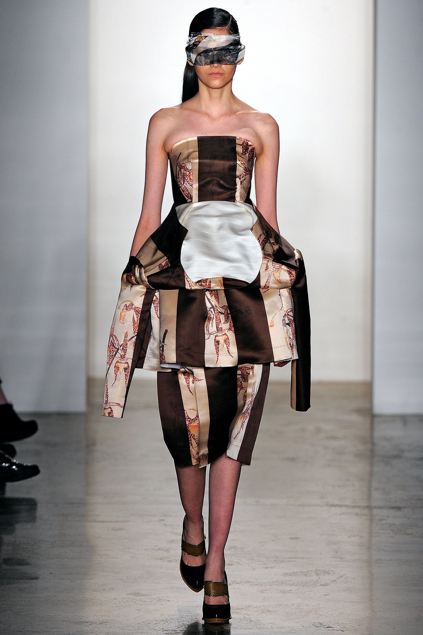 brown and white strapless midi dress