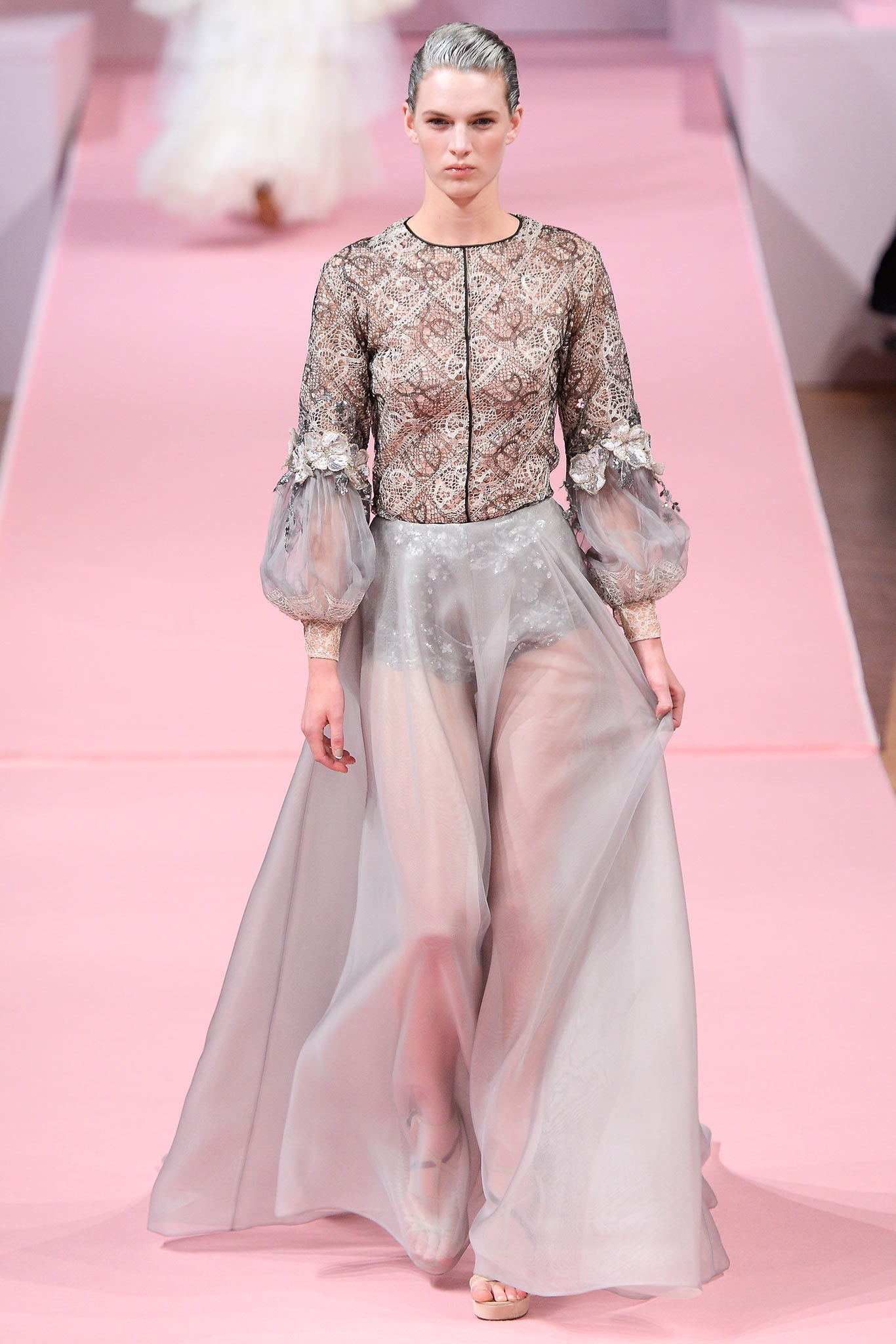 gray silk embroidered gown