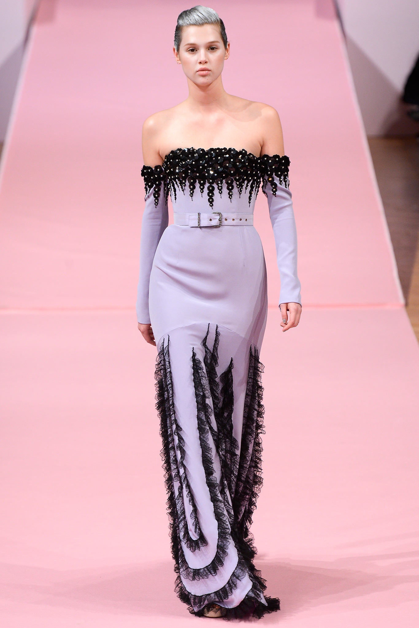 lavender off-shoulder gown