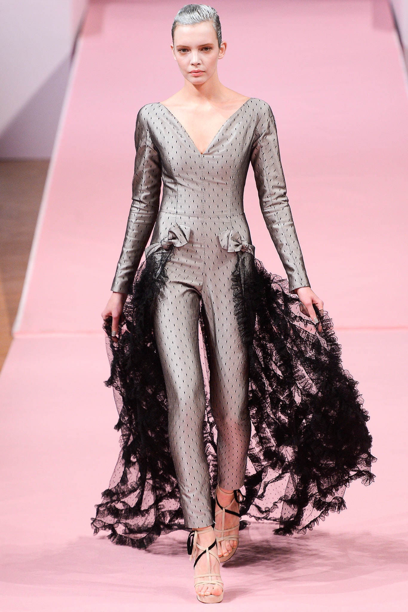 gray silk fitted jumpsuit