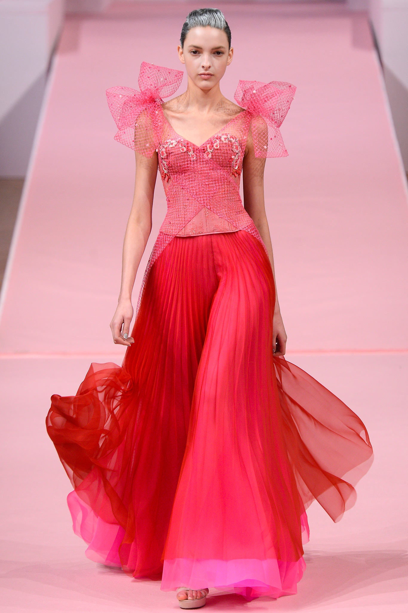 pink and red pleated gown