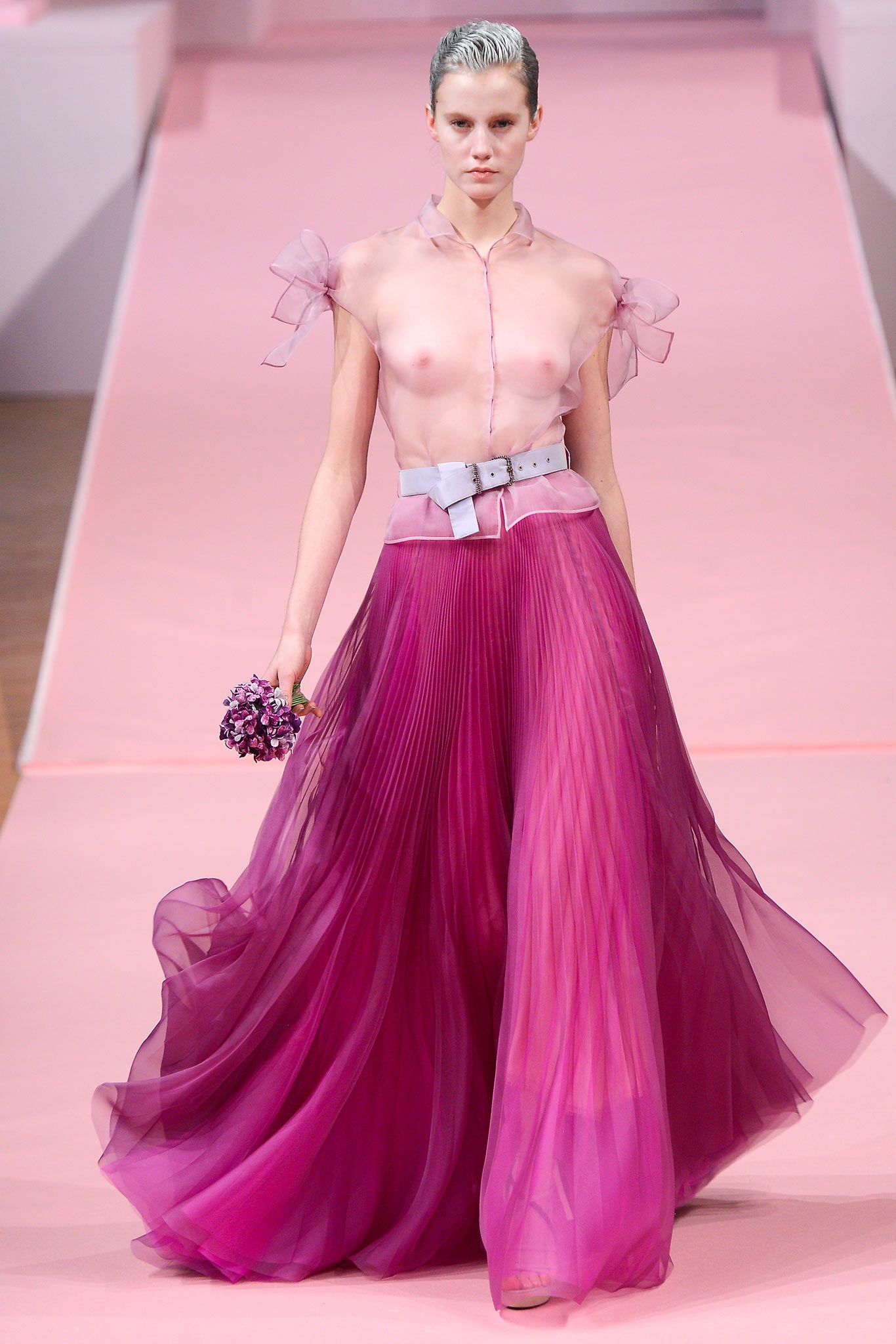 pink chiffon blouse and purple pleated skirt