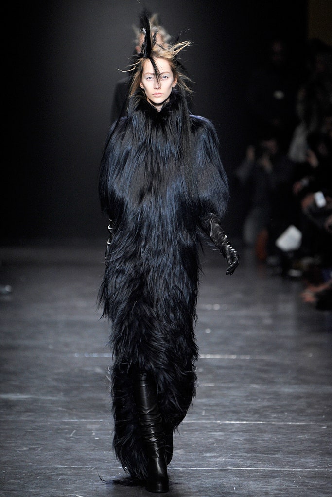 black fur long-sleeve gown