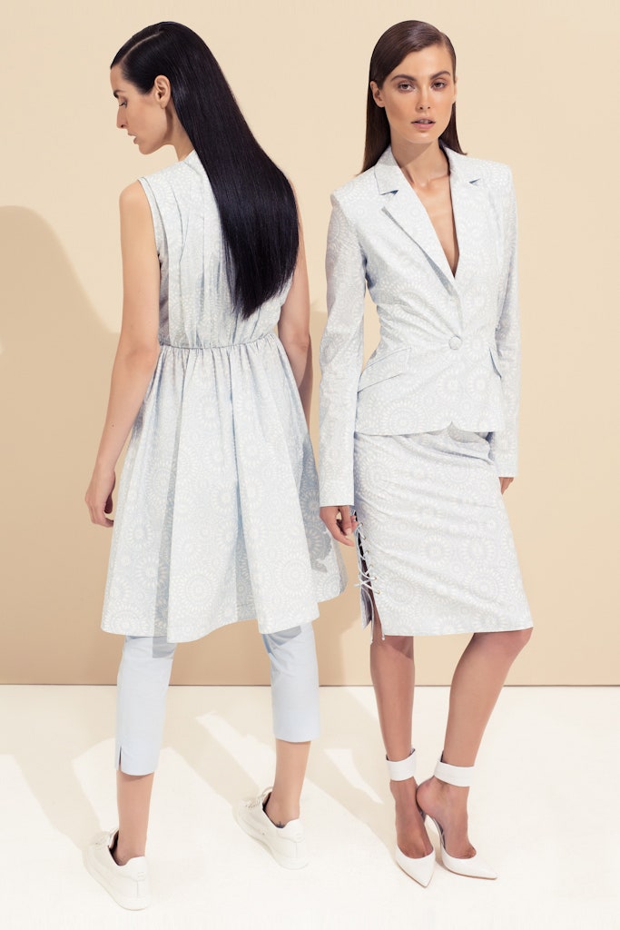 light blue fitted dress and blazer