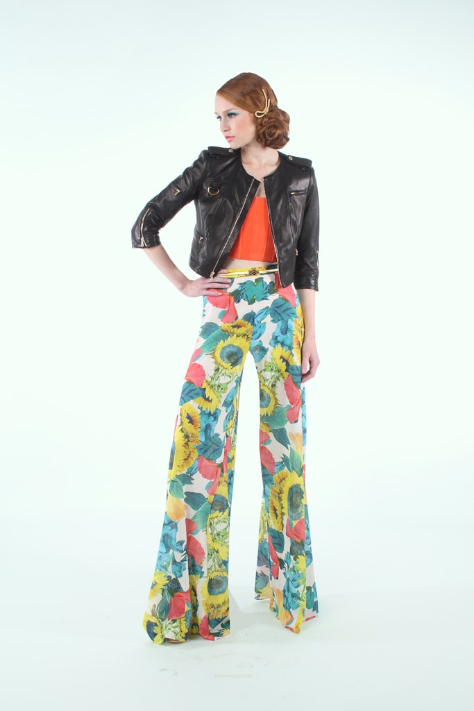 black leather jacket with colorful pants