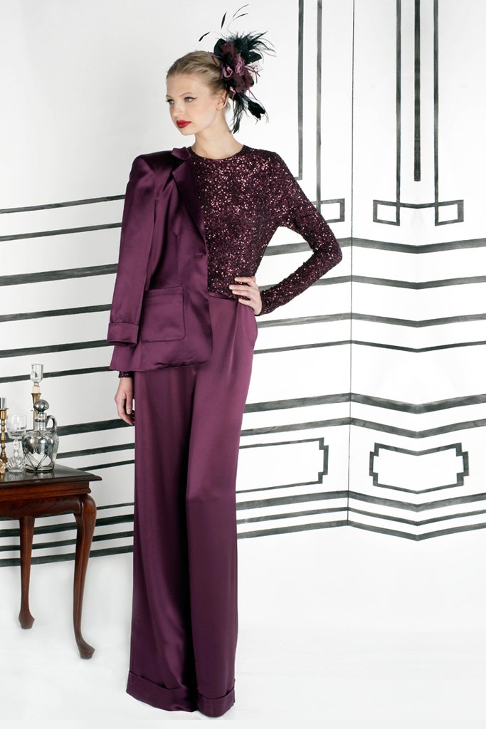 purple satin jacket and pants