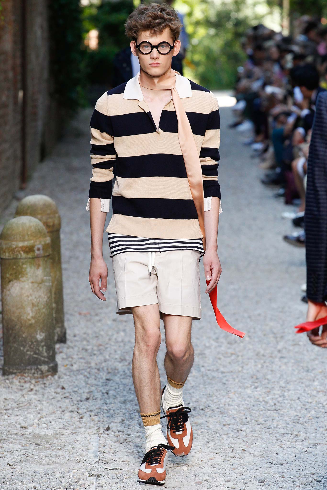 beige striped shirt with white shorts