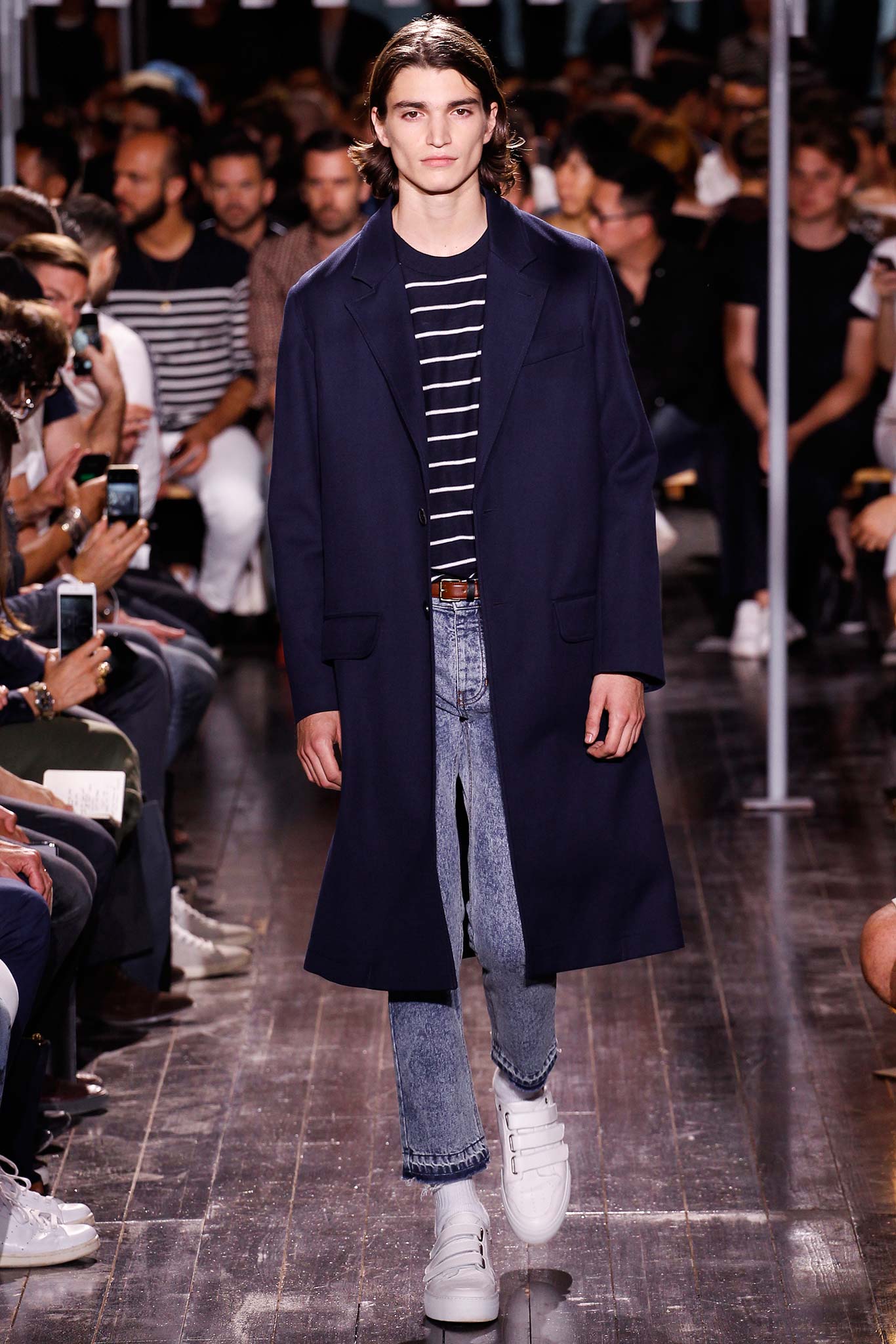 navy coat with striped shirt